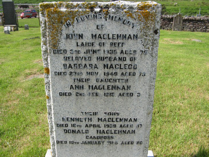 Photo of headstones/John MacLennan died 1935 MI Badenscallie Burial Ground